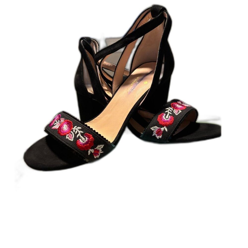 NWT Kate Spade Watson Suede Embroidered Black Block Heel Sandals Sz 8